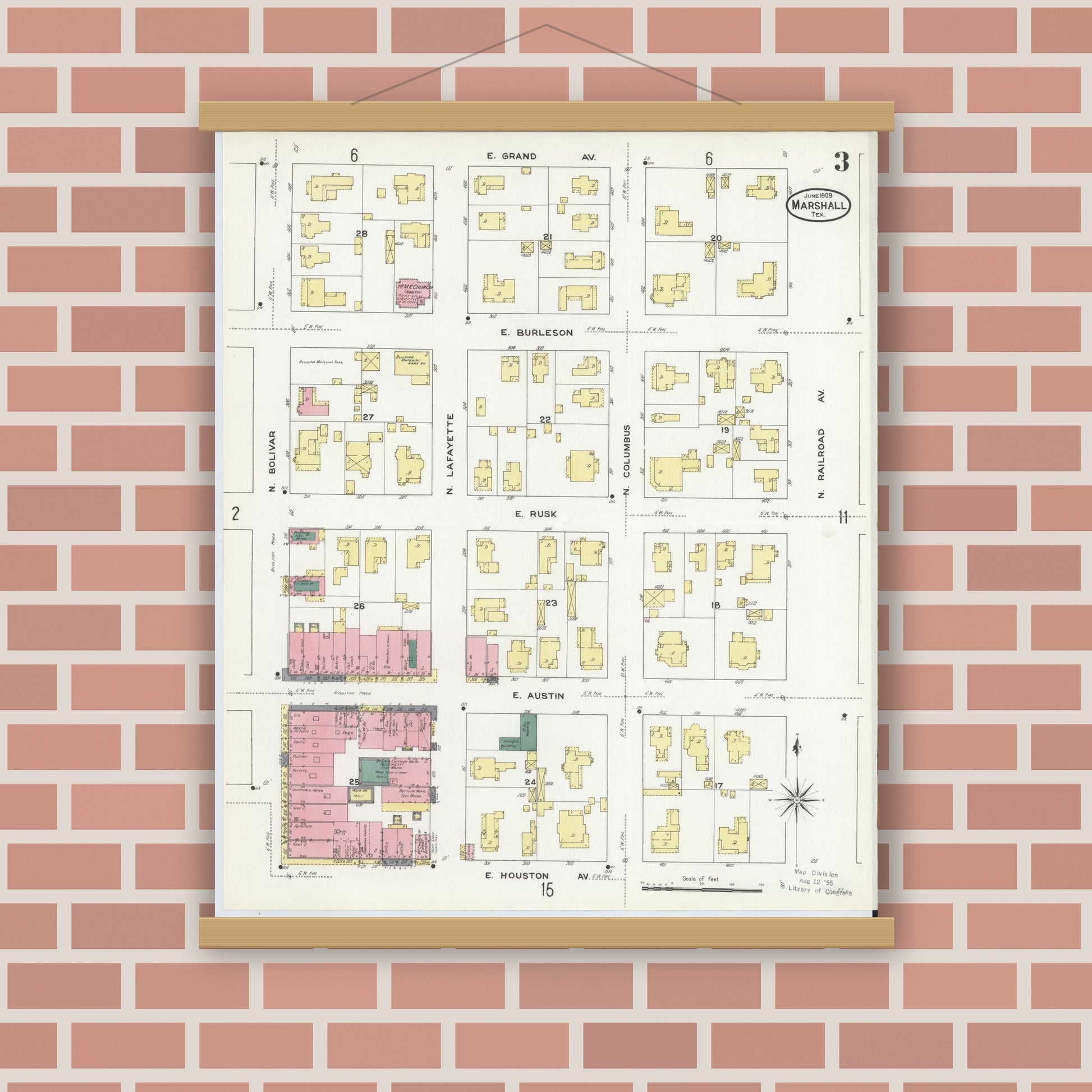 Old map wall art mockup — magnetic wood frame on brick wall — Sanborn Fire Insurance Map from Marshall, Harrison County, Texas (1909), Sheet #0003