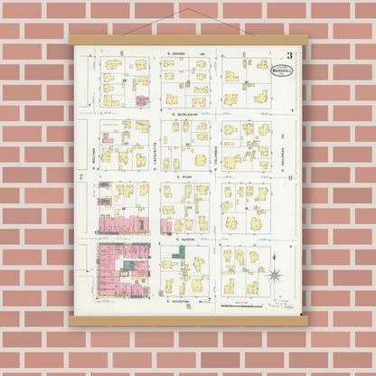 Old map wall art mockup — magnetic wood frame on brick wall — Sanborn Fire Insurance Map from Marshall, Harrison County, Texas (1909), Sheet #0003