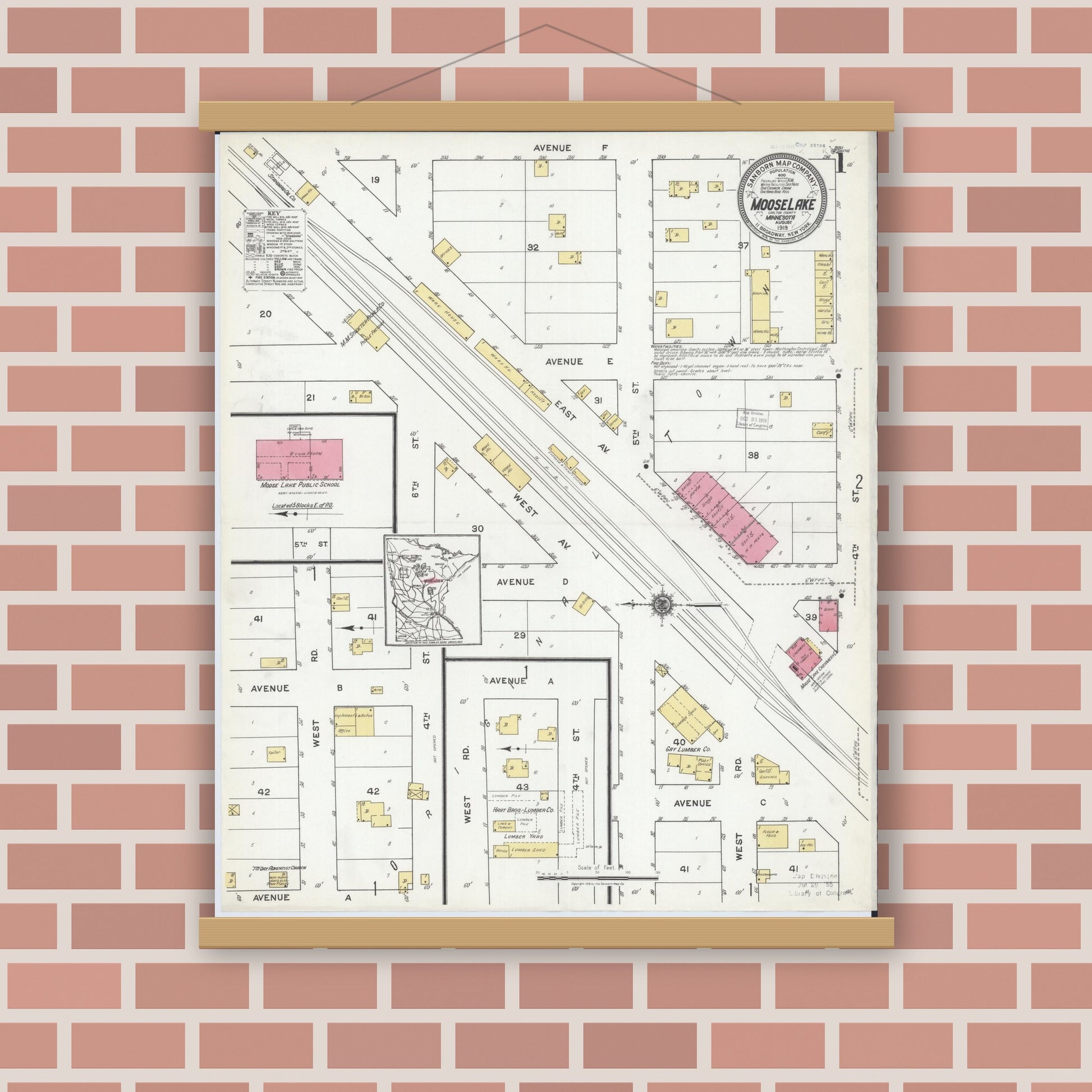 Old map wall art mockup — magnetic wood frame on brick wall — Sanborn Fire Insurance Map from Moose Lake, Carlton County, Minnesota (1919) - Complete Map Set