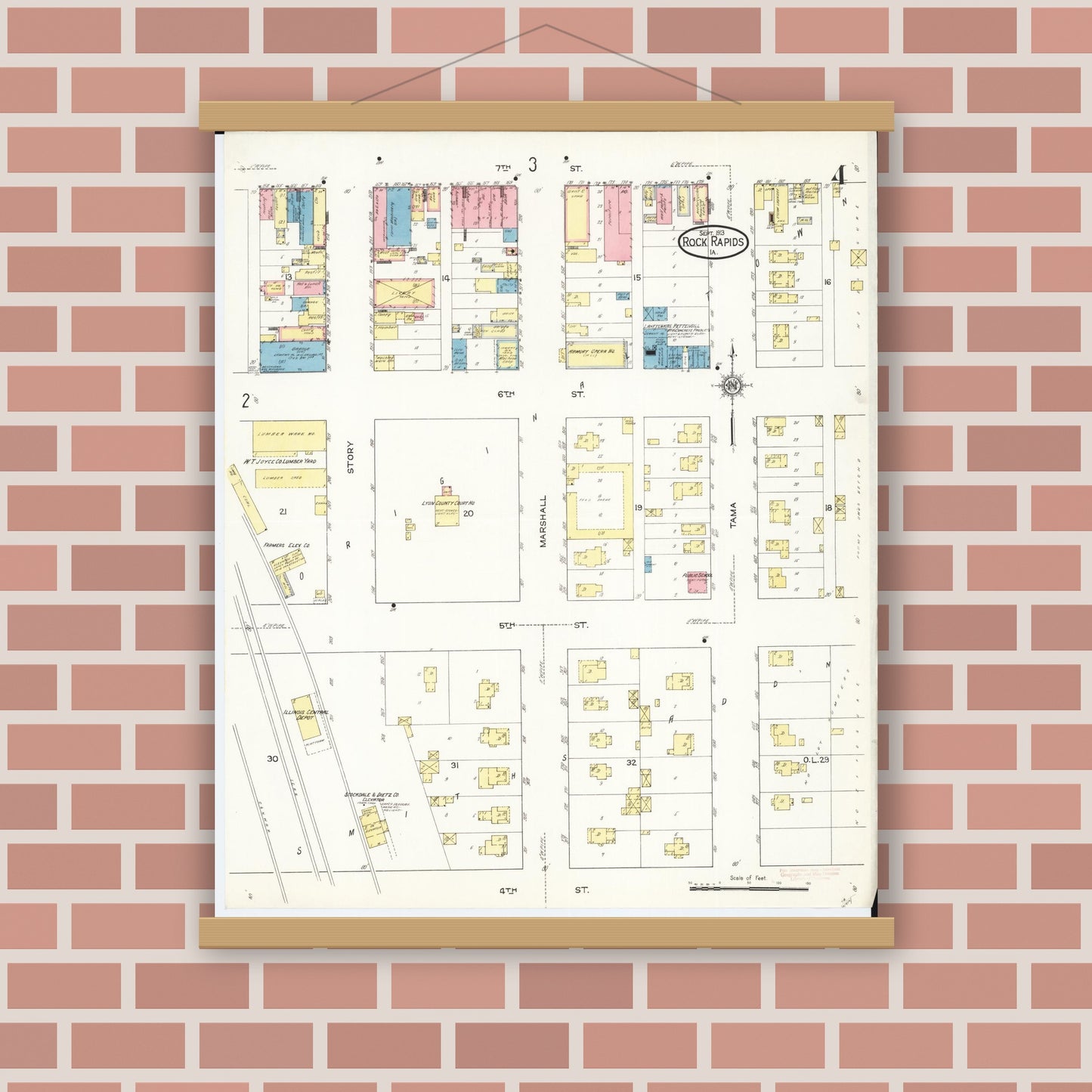 Old map wall art mockup — magnetic wood frame on brick wall — Sanborn Fire Insurance Map from Rock Rapids, Lyon County, Iowa (1913), Sheet #0004