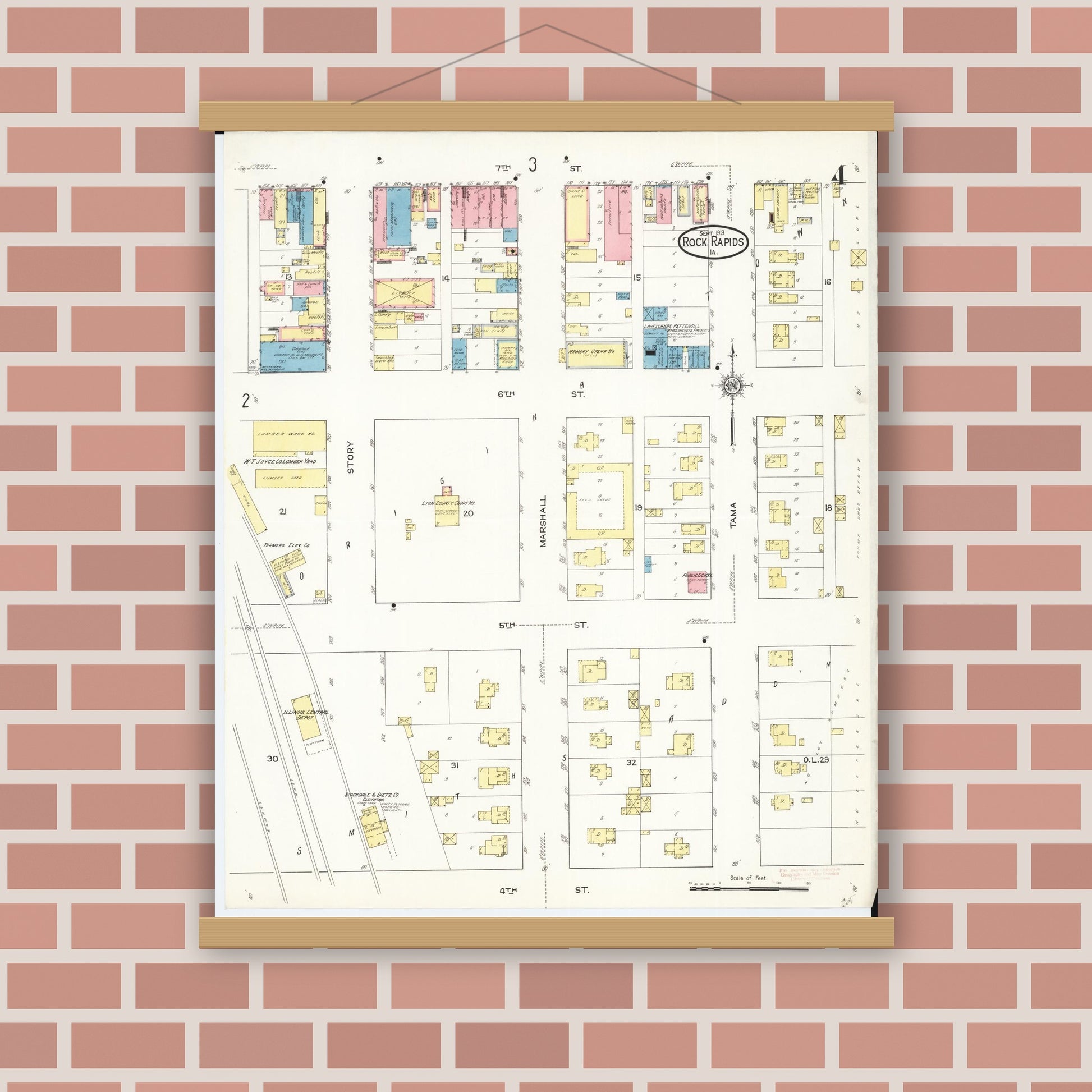Old map wall art mockup — magnetic wood frame on brick wall — Sanborn Fire Insurance Map from Rock Rapids, Lyon County, Iowa (1913), Sheet #0004