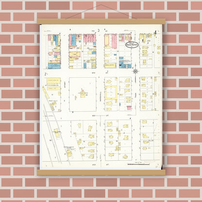 Old map wall art mockup — magnetic wood frame on brick wall — Sanborn Fire Insurance Map from Rock Rapids, Lyon County, Iowa (1913), Sheet #0004