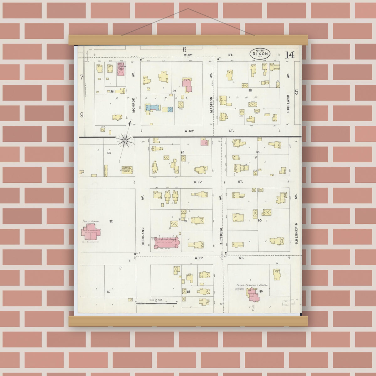 Old map wall art mockup — magnetic wood frame on brick wall — Sanborn Fire Insurance Map from Dixon, Lee County, Illinois (1897), Sheet #0014