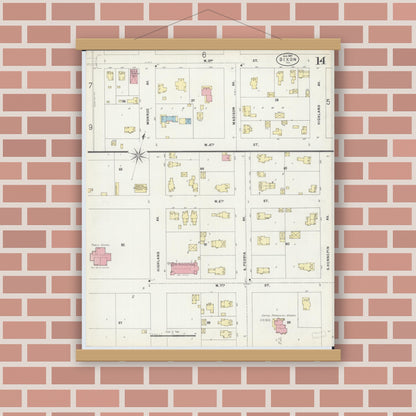 Old map wall art mockup — magnetic wood frame on brick wall — Sanborn Fire Insurance Map from Dixon, Lee County, Illinois (1897), Sheet #0014