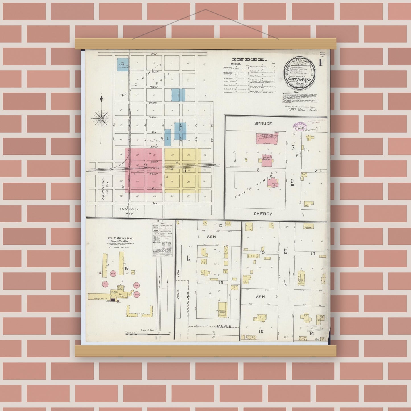 Old map wall art mockup — magnetic wood frame on brick wall — Sanborn Fire Insurance Map from Chatsworth, Livingston County, Illinois (1893) - Complete Map Set