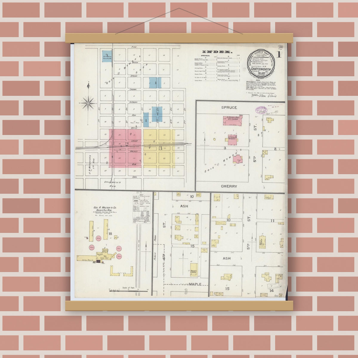 Old map wall art mockup — magnetic wood frame on brick wall — Sanborn Fire Insurance Map from Chatsworth, Livingston County, Illinois (1893) - Complete Map Set