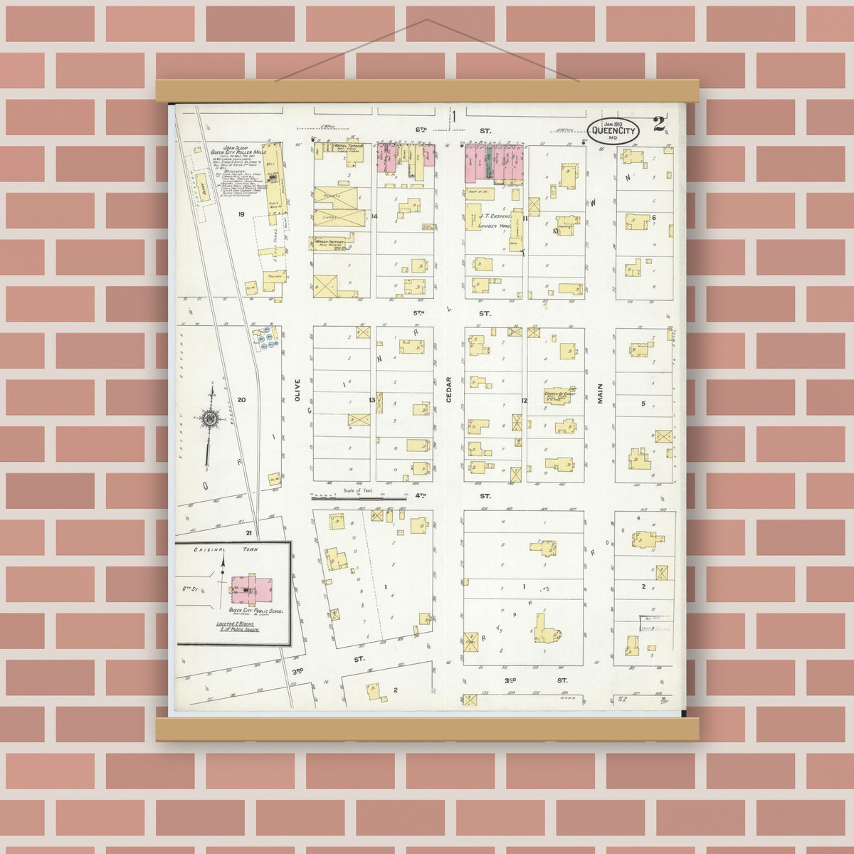 Old map wall art mockup — magnetic wood frame on brick wall — Sanborn Fire Insurance Map from Queen City, Schuyler County, Missouri (1910), Sheet #0002