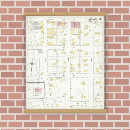 Old map wall art mockup — magnetic wood frame on brick wall — Sanborn Fire Insurance Map from Queen City, Schuyler County, Missouri (1910), Sheet #0002