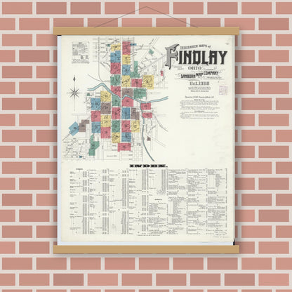 Old map wall art mockup — magnetic wood frame on brick wall — Sanborn Fire Insurance Map from Findlay, Hancock County, Ohio (1908), Sheet #0001