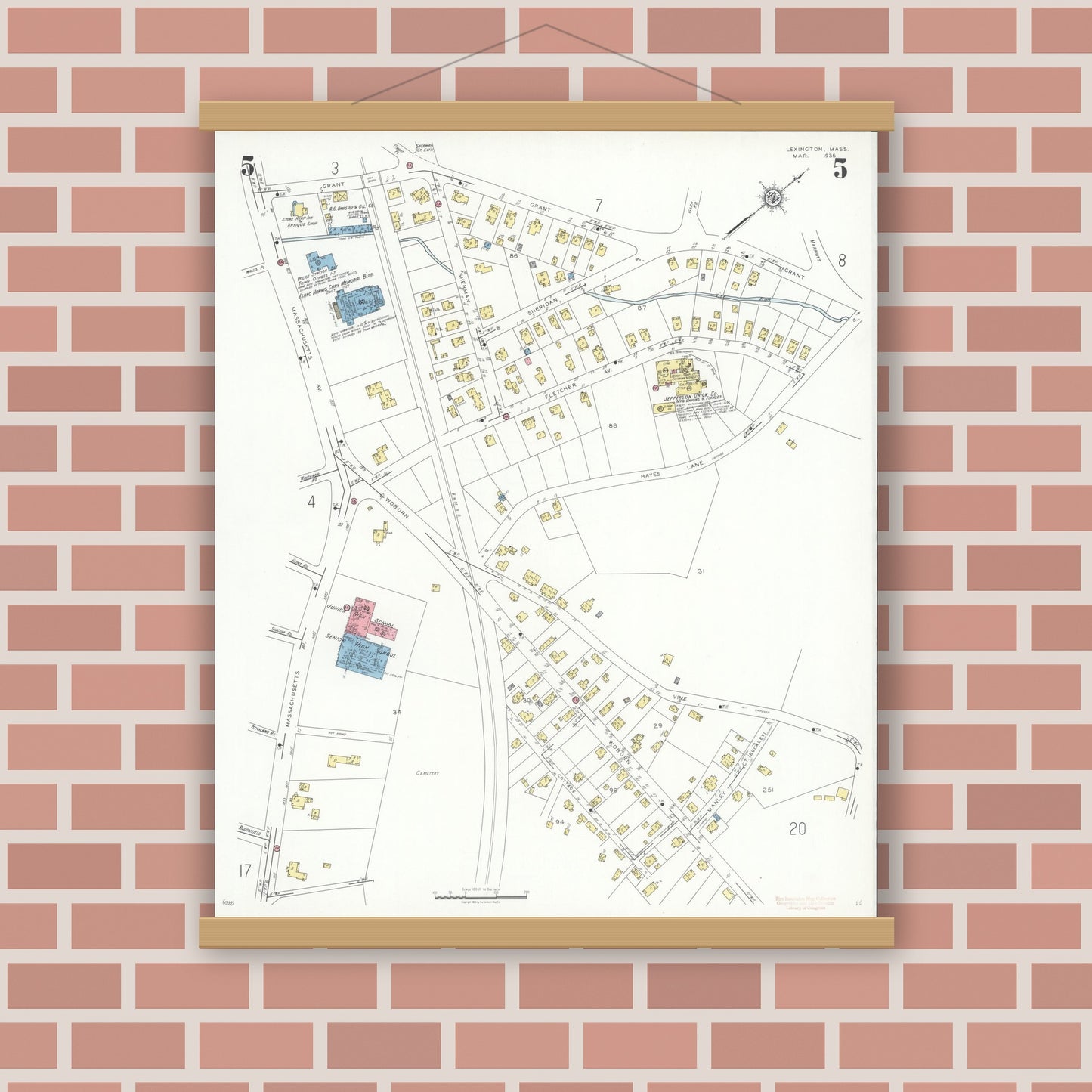 Old map wall art mockup — magnetic wood frame on brick wall — Sanborn Fire Insurance Map from Lexington, Middlesex County, Massachusetts (1935), Sheet #0005