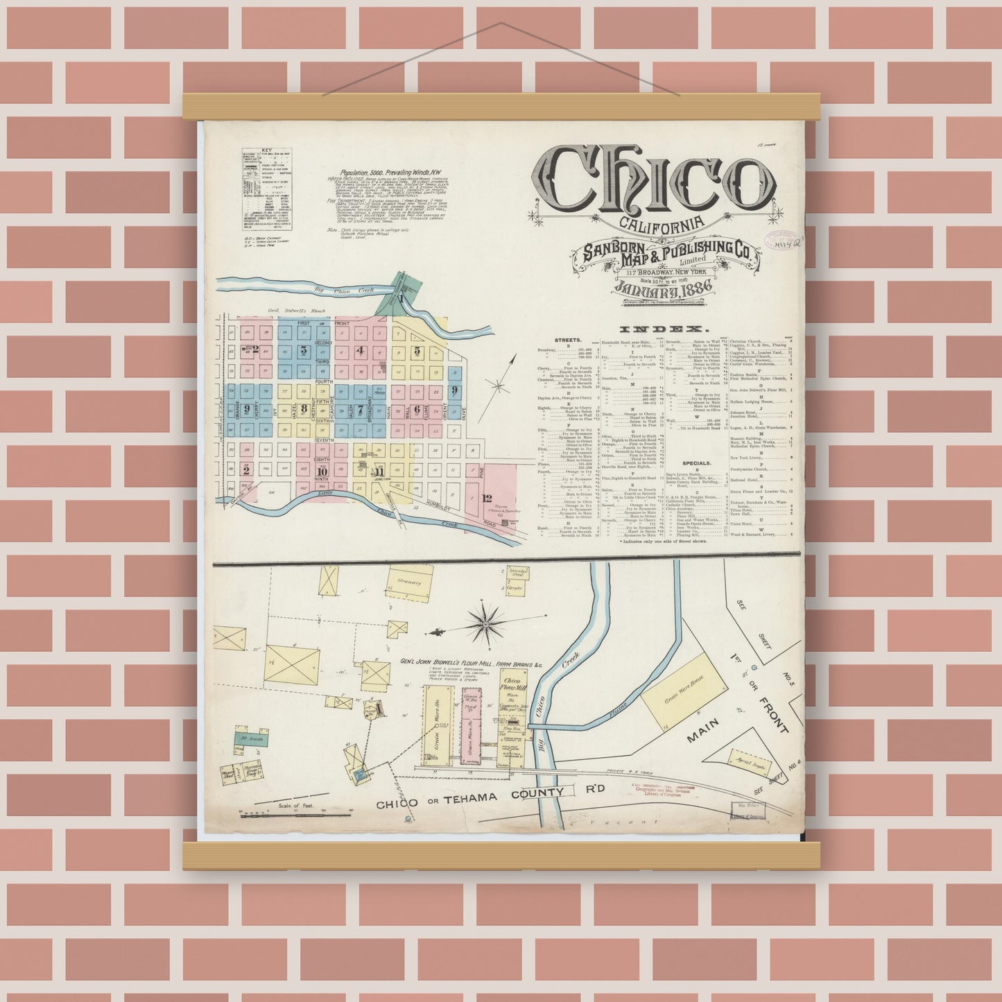 Old map wall art mockup — magnetic wood frame on brick wall — Sanborn Fire Insurance Map from Chico, Butte County, California (1886) - Complete Map Set