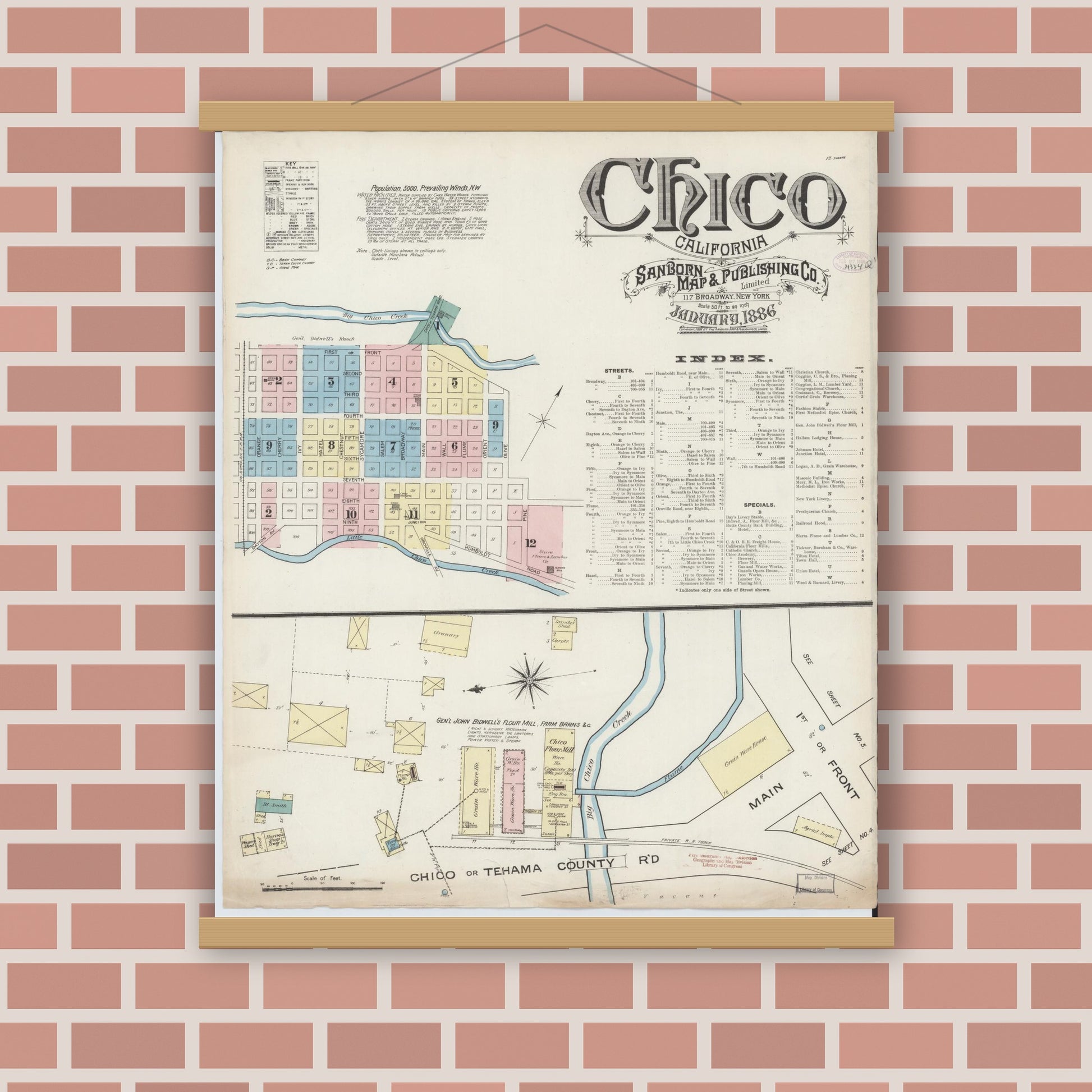 Old map wall art mockup — magnetic wood frame on brick wall — Sanborn Fire Insurance Map from Chico, Butte County, California (1886) - Complete Map Set