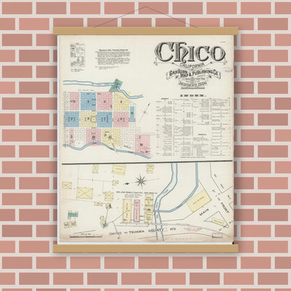 Old map wall art mockup — magnetic wood frame on brick wall — Sanborn Fire Insurance Map from Chico, Butte County, California (1886) - Complete Map Set