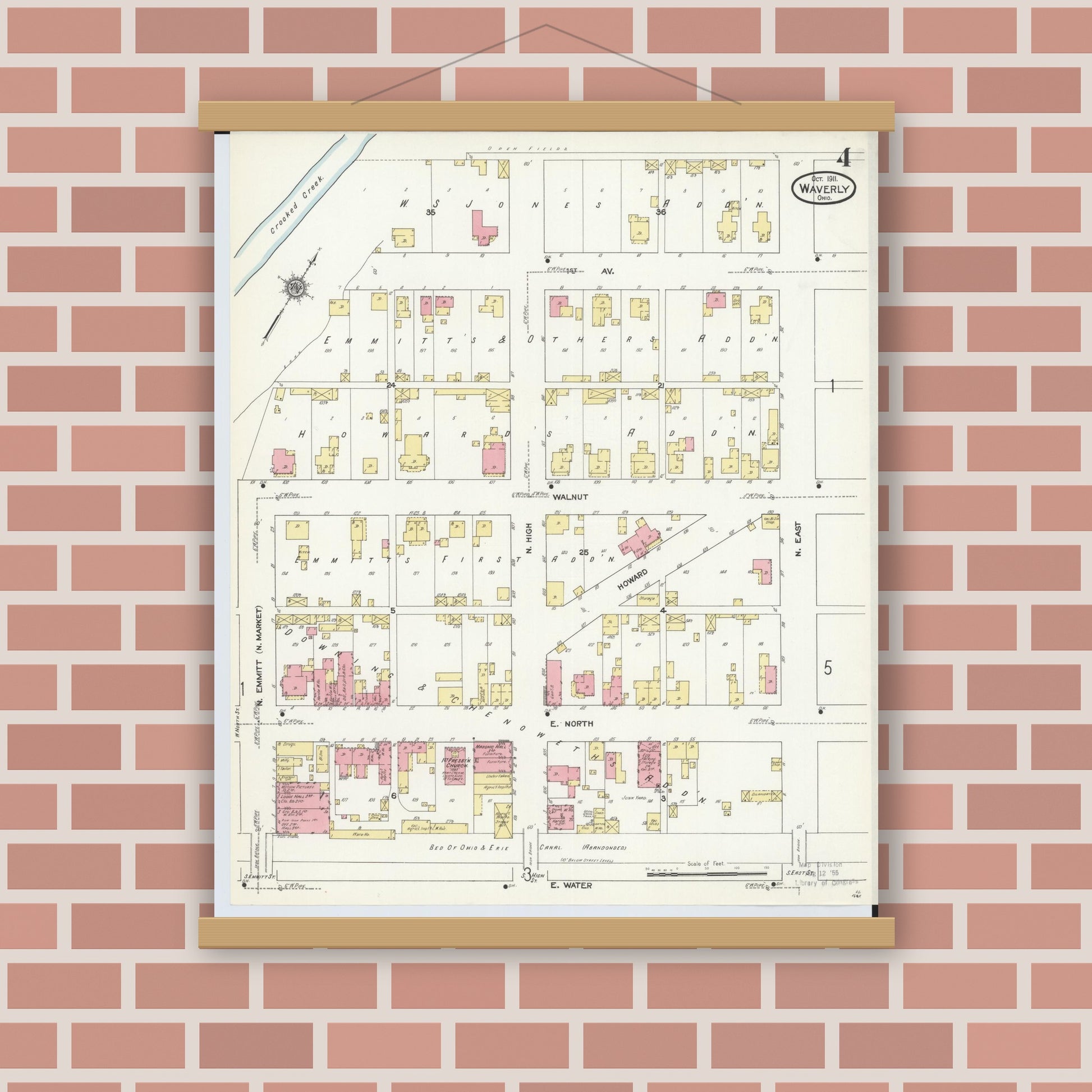 Old map wall art mockup — magnetic wood frame on brick wall — Sanborn Fire Insurance Map from Waverly, Pike County, Ohio (1911), Sheet #0004