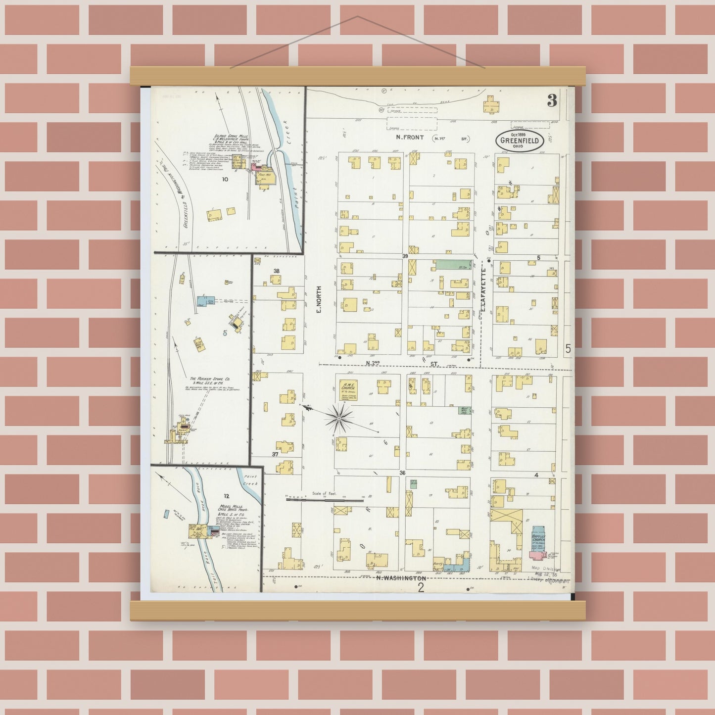 Old map wall art mockup — magnetic wood frame on brick wall — Sanborn Fire Insurance Map from Greenfield, Highland County, Ohio (1899), Sheet #0003
