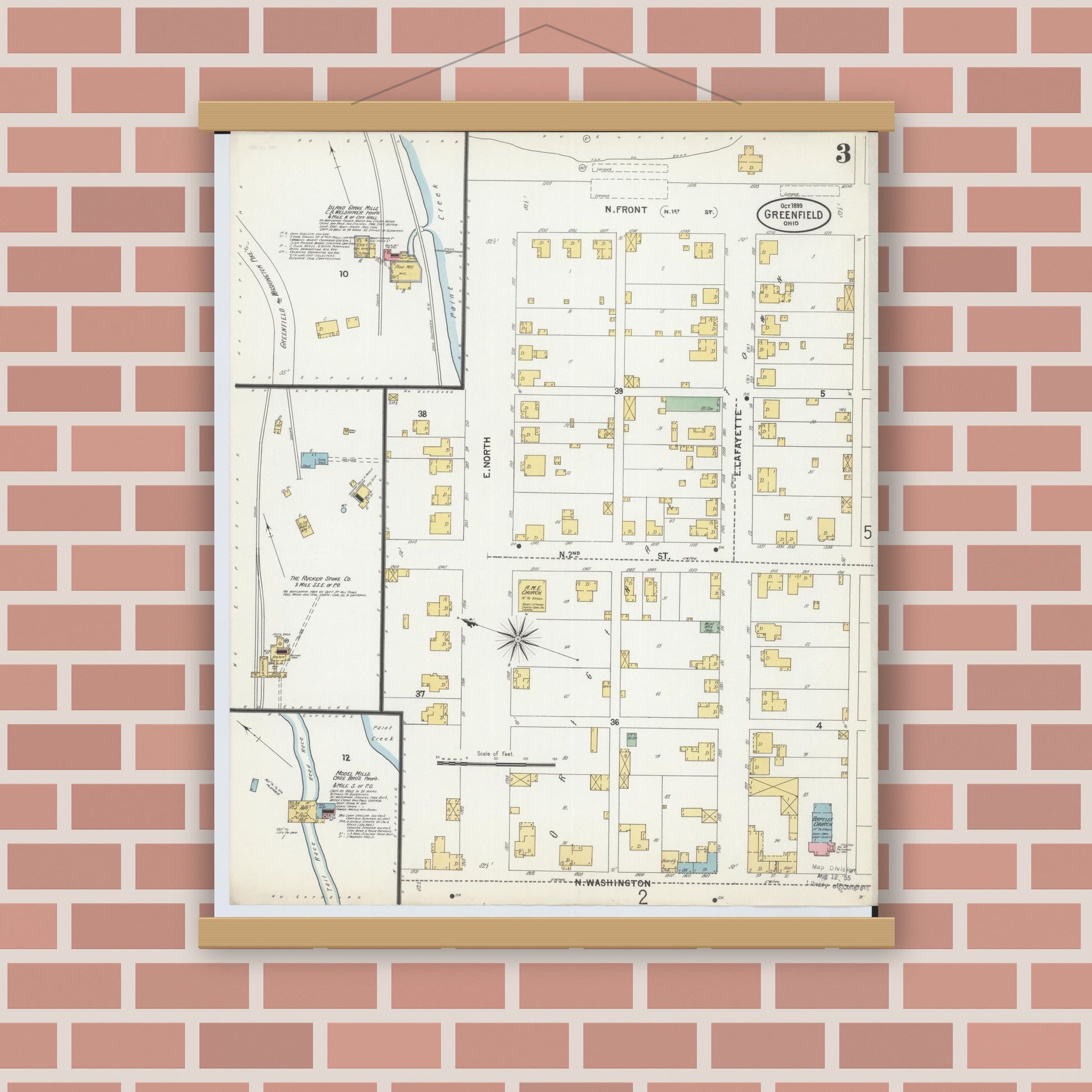 Old map wall art mockup — magnetic wood frame on brick wall — Sanborn Fire Insurance Map from Greenfield, Highland County, Ohio (1899), Sheet #0003