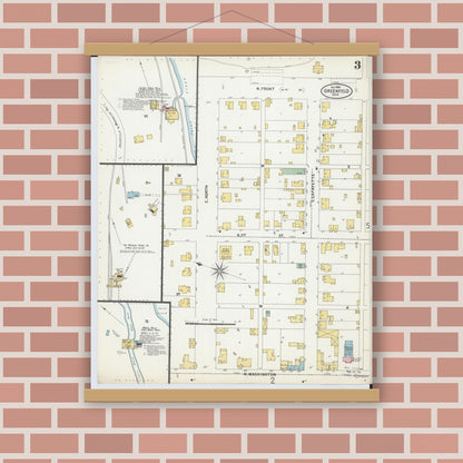 Old map wall art mockup — magnetic wood frame on brick wall — Sanborn Fire Insurance Map from Greenfield, Highland County, Ohio (1899), Sheet #0003