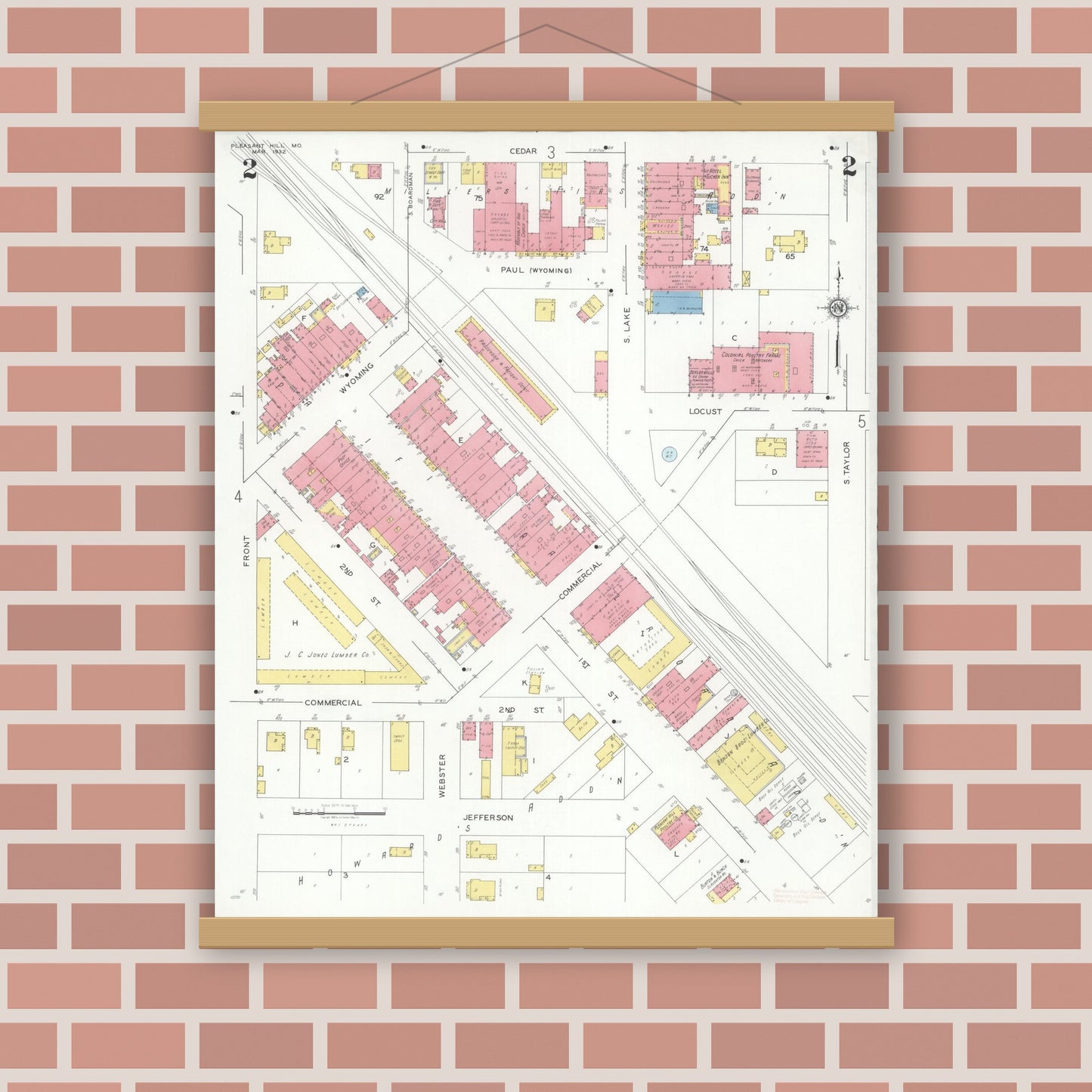 Old map wall art mockup — magnetic wood frame on brick wall — Sanborn Fire Insurance Map from Pleasant Hill, Cass County, Missouri (1932), Sheet #0002