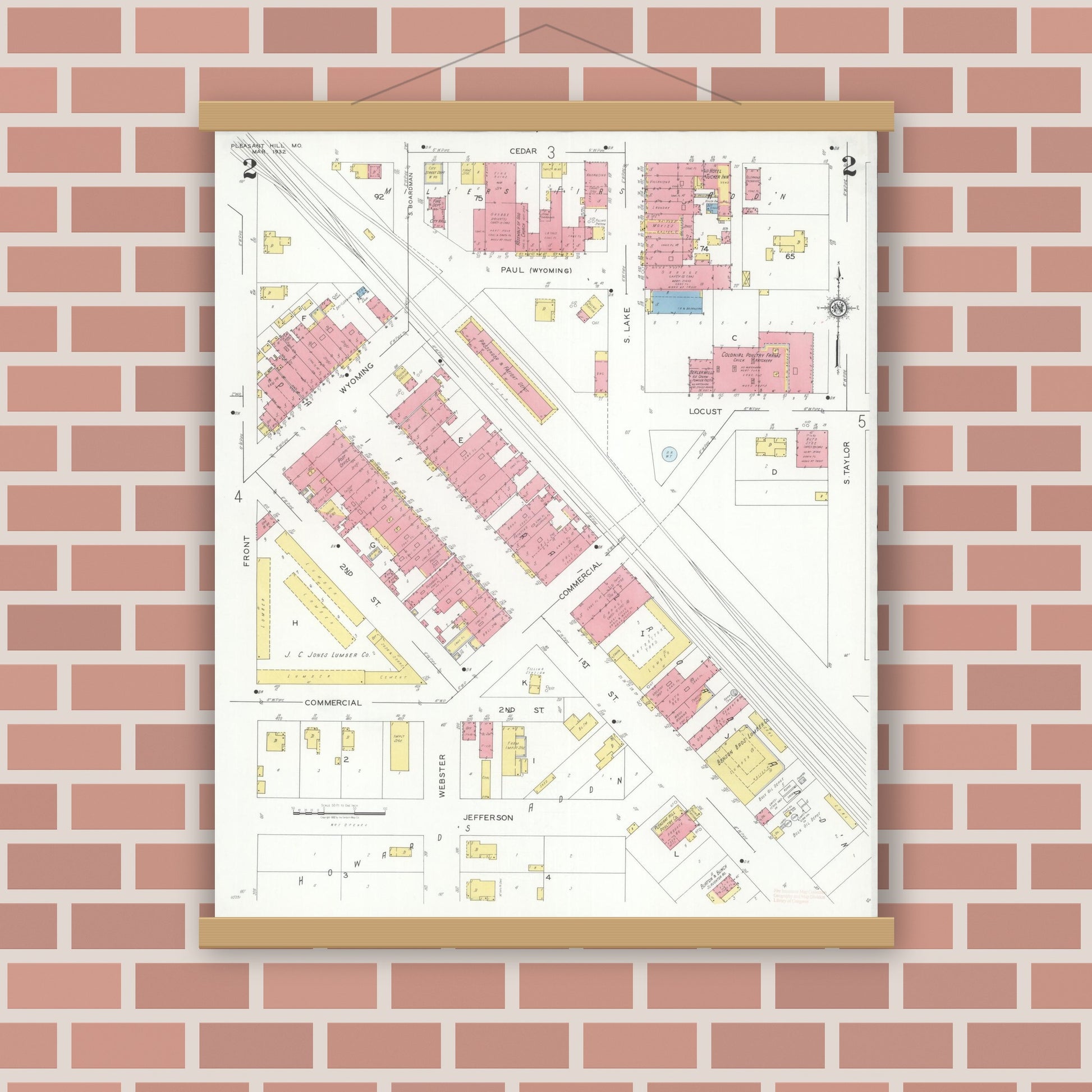 Old map wall art mockup — magnetic wood frame on brick wall — Sanborn Fire Insurance Map from Pleasant Hill, Cass County, Missouri (1932), Sheet #0002