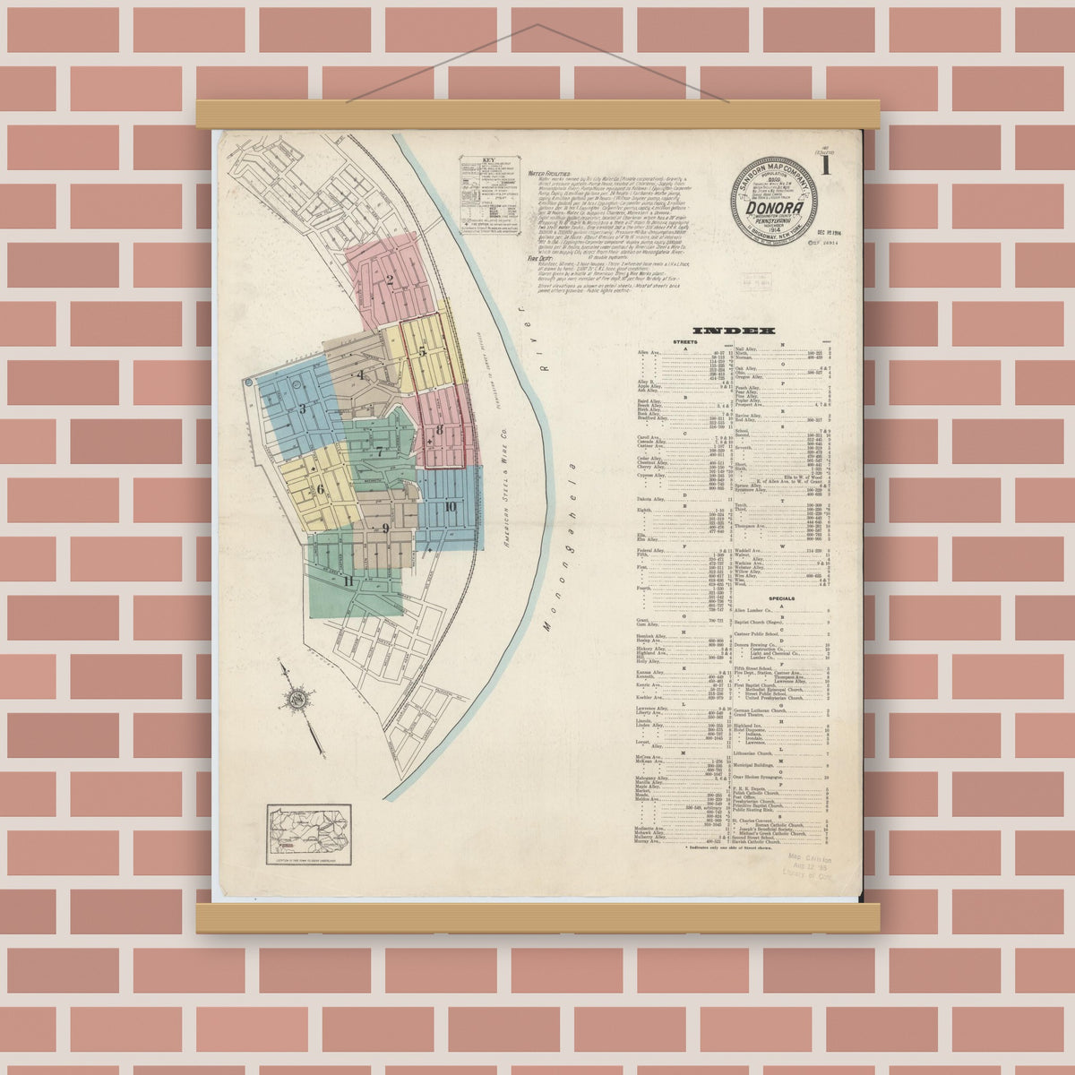 Old map wall art mockup — magnetic wood frame on brick wall — Sanborn Fire Insurance Map from Donora, Washington County, Pennsylvania (1914), Sheet #0001