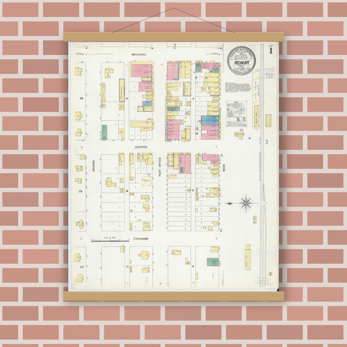 Old map wall art mockup — magnetic wood frame on brick wall — Sanborn Fire Insurance Map from Weimar, Colorado County, Texas (1907) - Complete Map Set