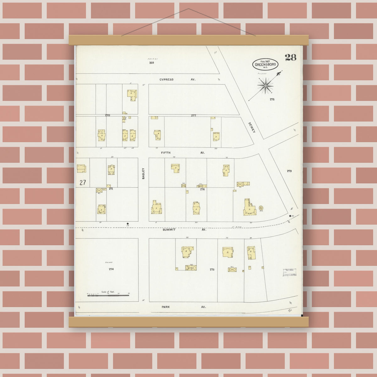 Old map wall art mockup — magnetic wood frame on brick wall — Sanborn Fire Insurance Map from Greensboro, Guilford County, North Carolina (1907), Sheet #0028