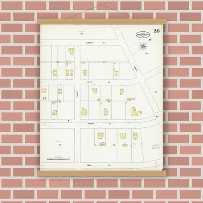 Old map wall art mockup — magnetic wood frame on brick wall — Sanborn Fire Insurance Map from Greensboro, Guilford County, North Carolina (1907), Sheet #0028