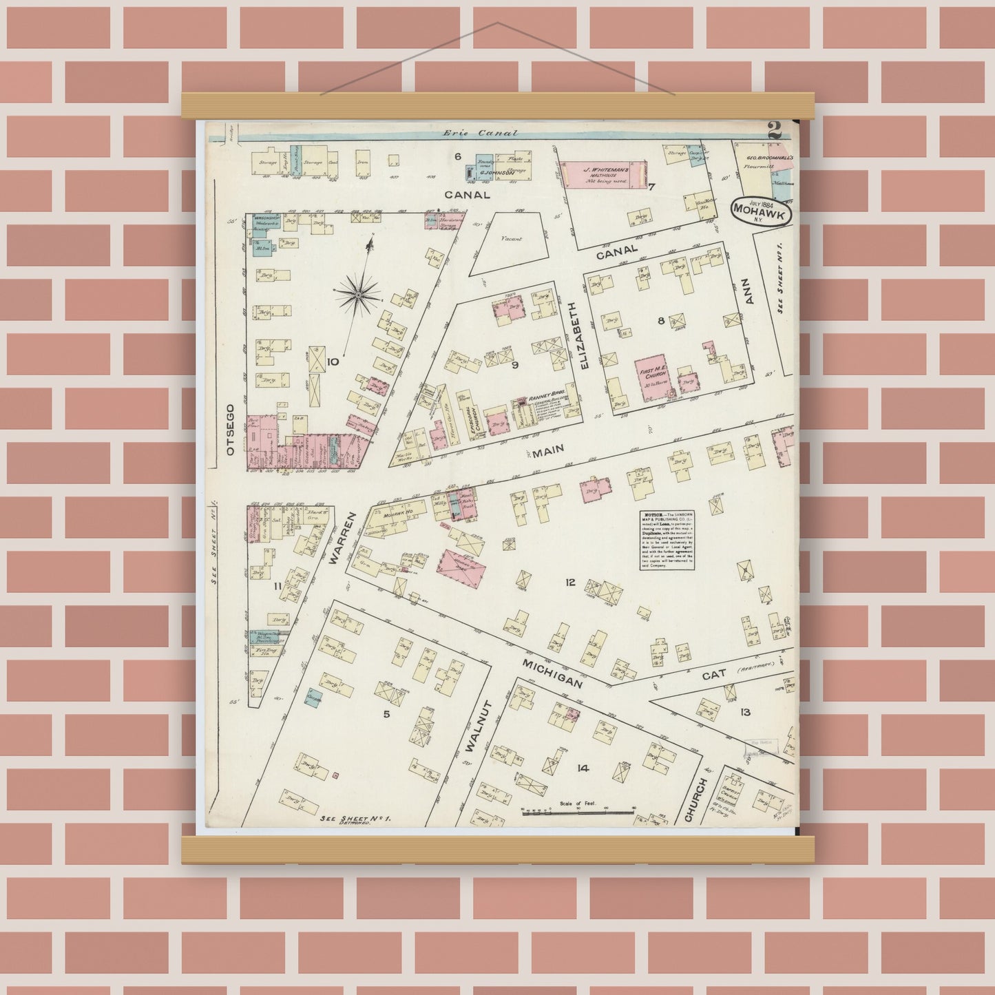 Old map wall art mockup — magnetic wood frame on brick wall — Sanborn Fire Insurance Map from Mohawk, Herkimer County, New York (1884), Sheet #0002