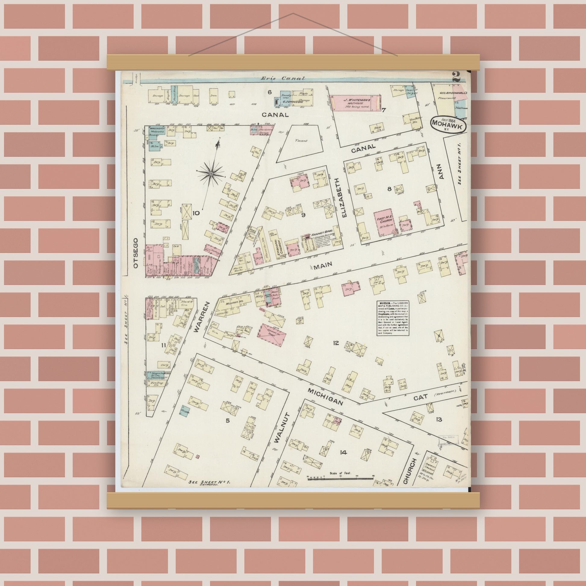 Old map wall art mockup — magnetic wood frame on brick wall — Sanborn Fire Insurance Map from Mohawk, Herkimer County, New York (1884), Sheet #0002