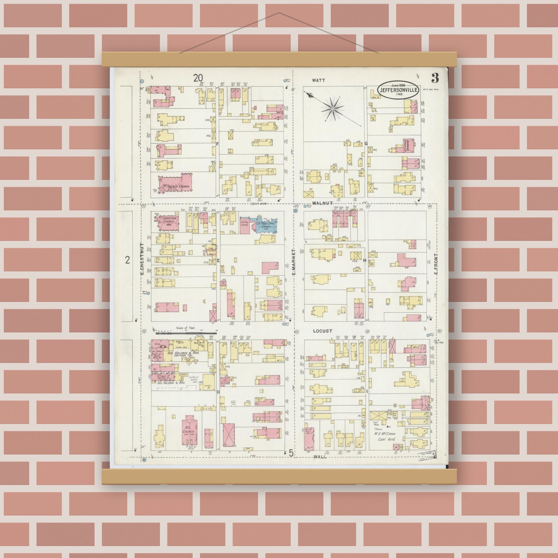 Old map wall art mockup — magnetic wood frame on brick wall — Sanborn Fire Insurance Map from Jeffersonville, Clark County, Indiana (1898), Sheet #0003
