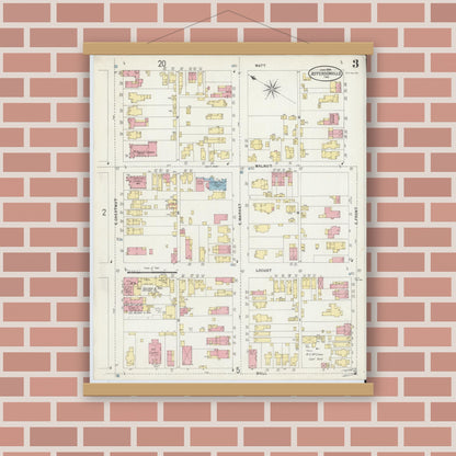 Old map wall art mockup — magnetic wood frame on brick wall — Sanborn Fire Insurance Map from Jeffersonville, Clark County, Indiana (1898), Sheet #0003