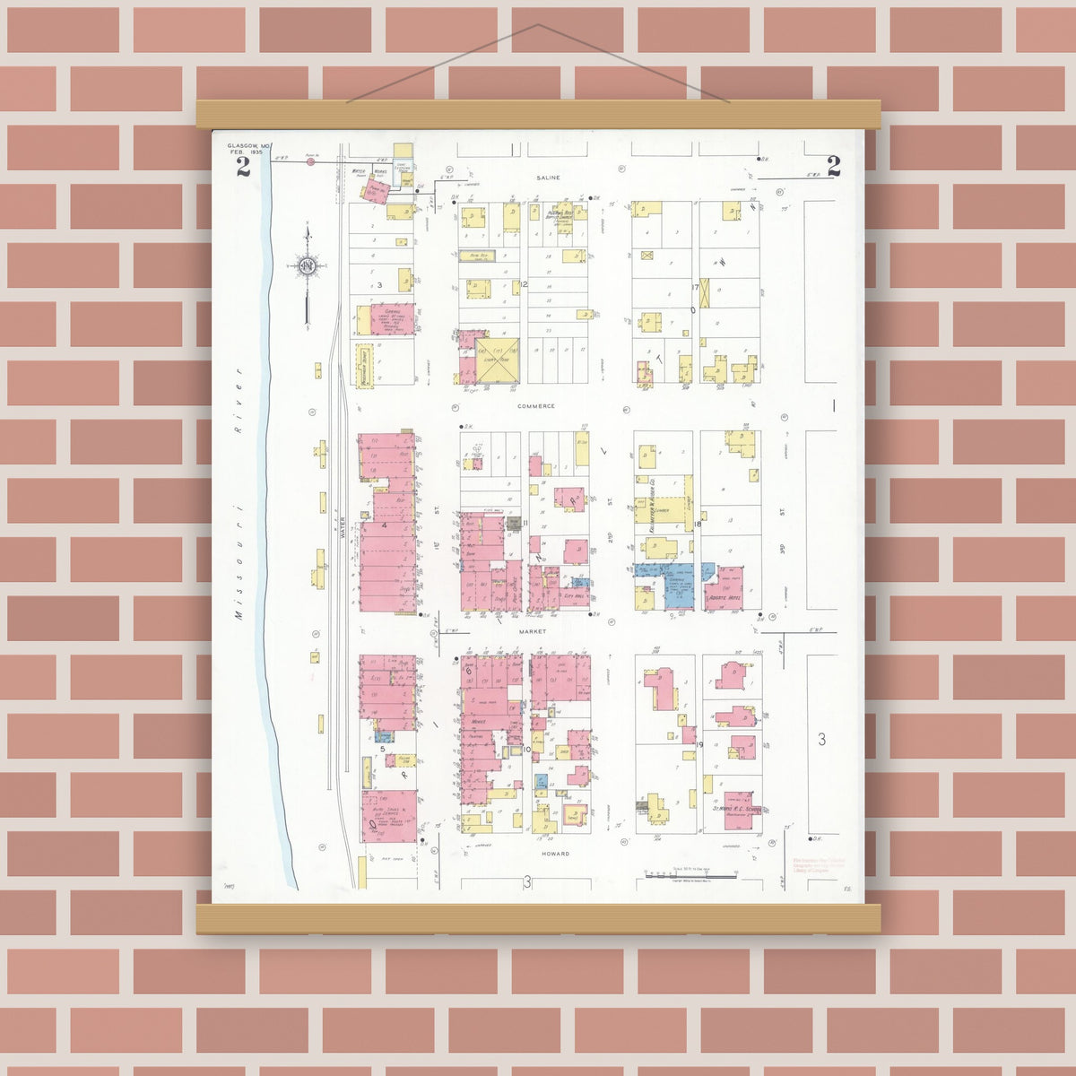 Old map wall art mockup — magnetic wood frame on brick wall — Sanborn Fire Insurance Map from Glasgow, Howard County, Missouri (1935), Sheet #0002