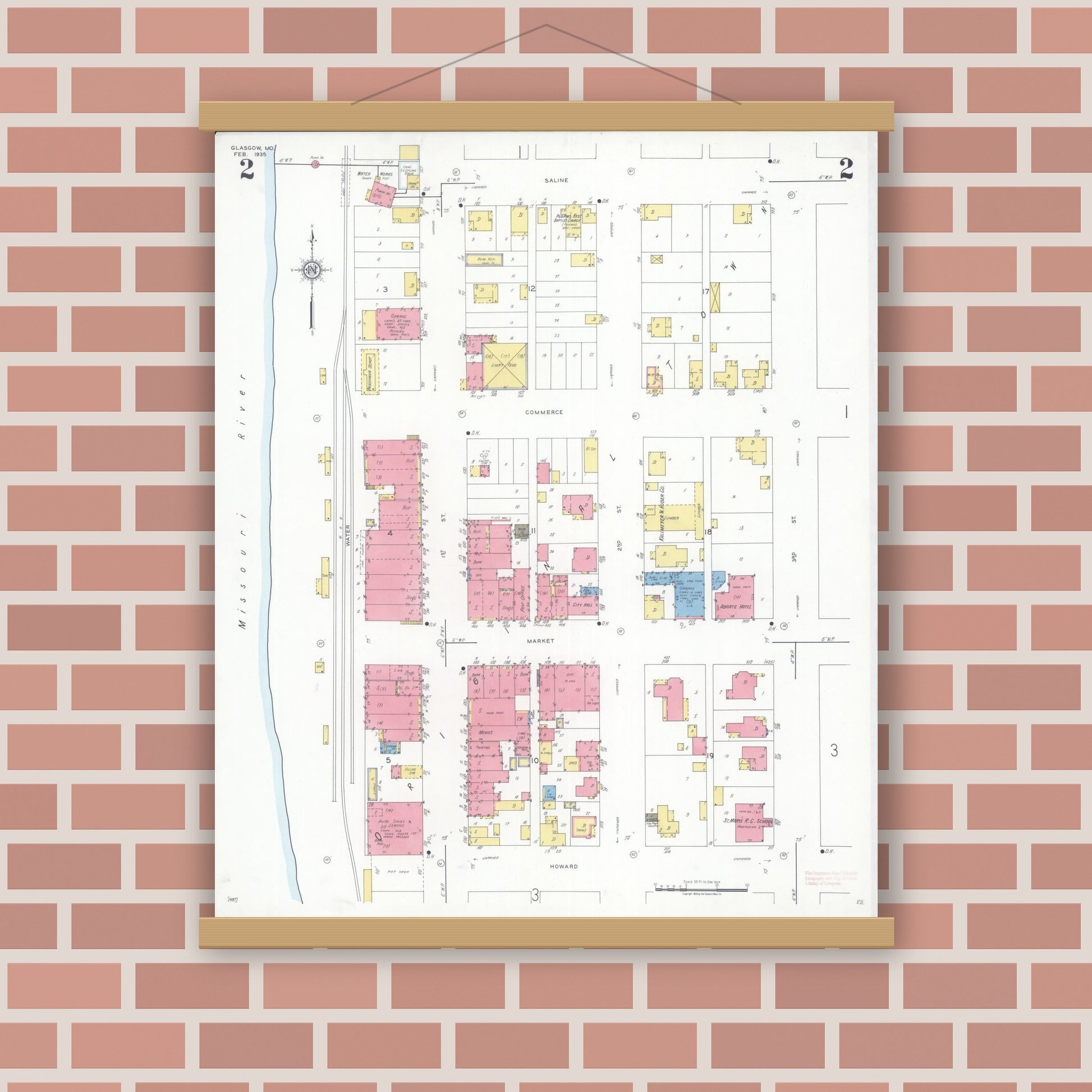 Old map wall art mockup — magnetic wood frame on brick wall — Sanborn Fire Insurance Map from Glasgow, Howard County, Missouri (1935), Sheet #0002