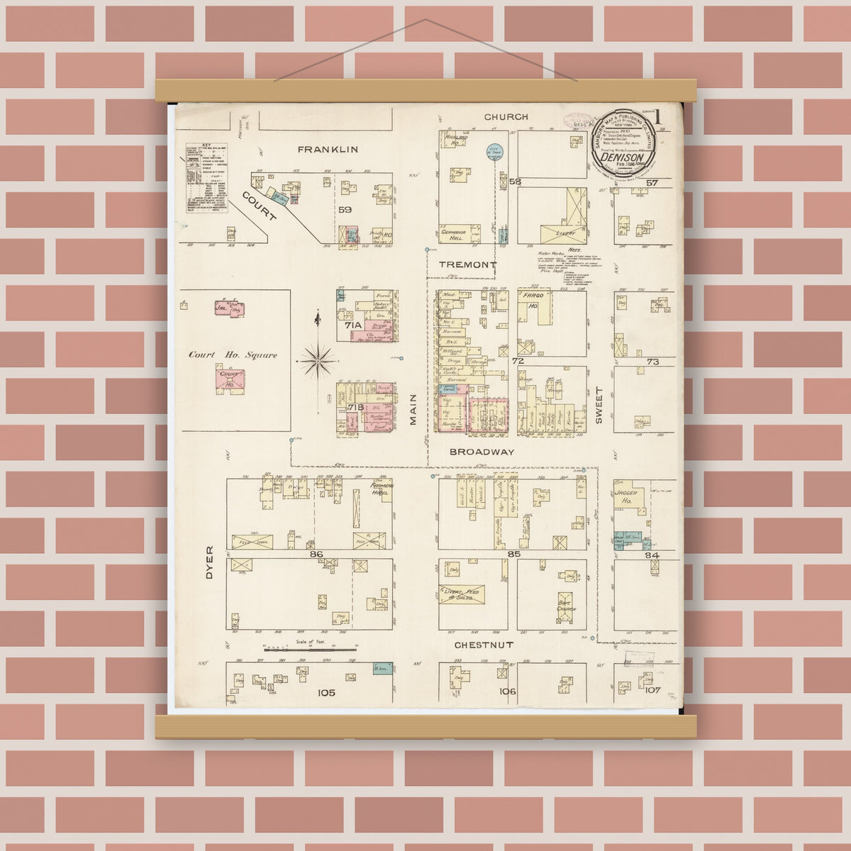 Old map wall art mockup — magnetic wood frame on brick wall — Sanborn Fire Insurance Map from Denison, Crawford County, Iowa (1886) â€” Complete Set