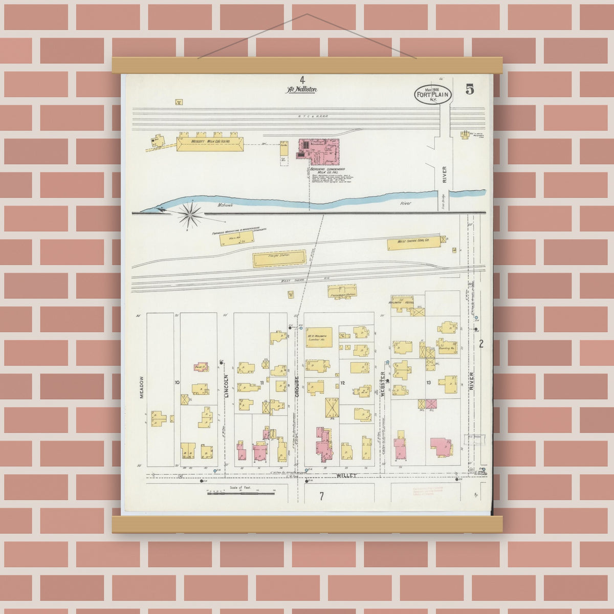 Old map wall art mockup — magnetic wood frame on brick wall — Sanborn Fire Insurance Map from Fort Plain, Montgomery County, New York (1906), Sheet #0005