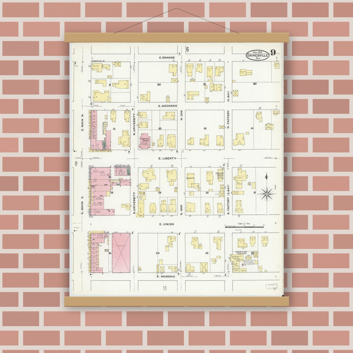 Old map wall art mockup — magnetic wood frame on brick wall — Sanborn Fire Insurance Map from Gainesville, Alachua County, Florida (1909), Sheet #0009