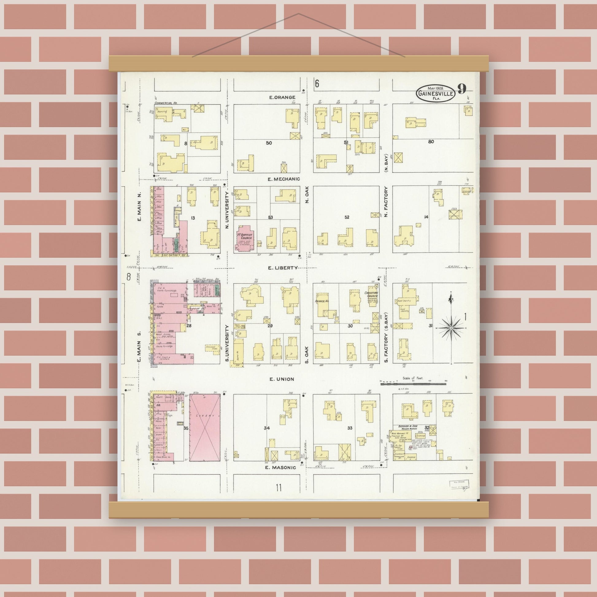Old map wall art mockup — magnetic wood frame on brick wall — Sanborn Fire Insurance Map from Gainesville, Alachua County, Florida (1909), Sheet #0009