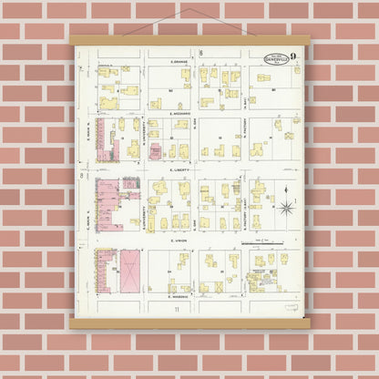 Old map wall art mockup — magnetic wood frame on brick wall — Sanborn Fire Insurance Map from Gainesville, Alachua County, Florida (1909), Sheet #0009