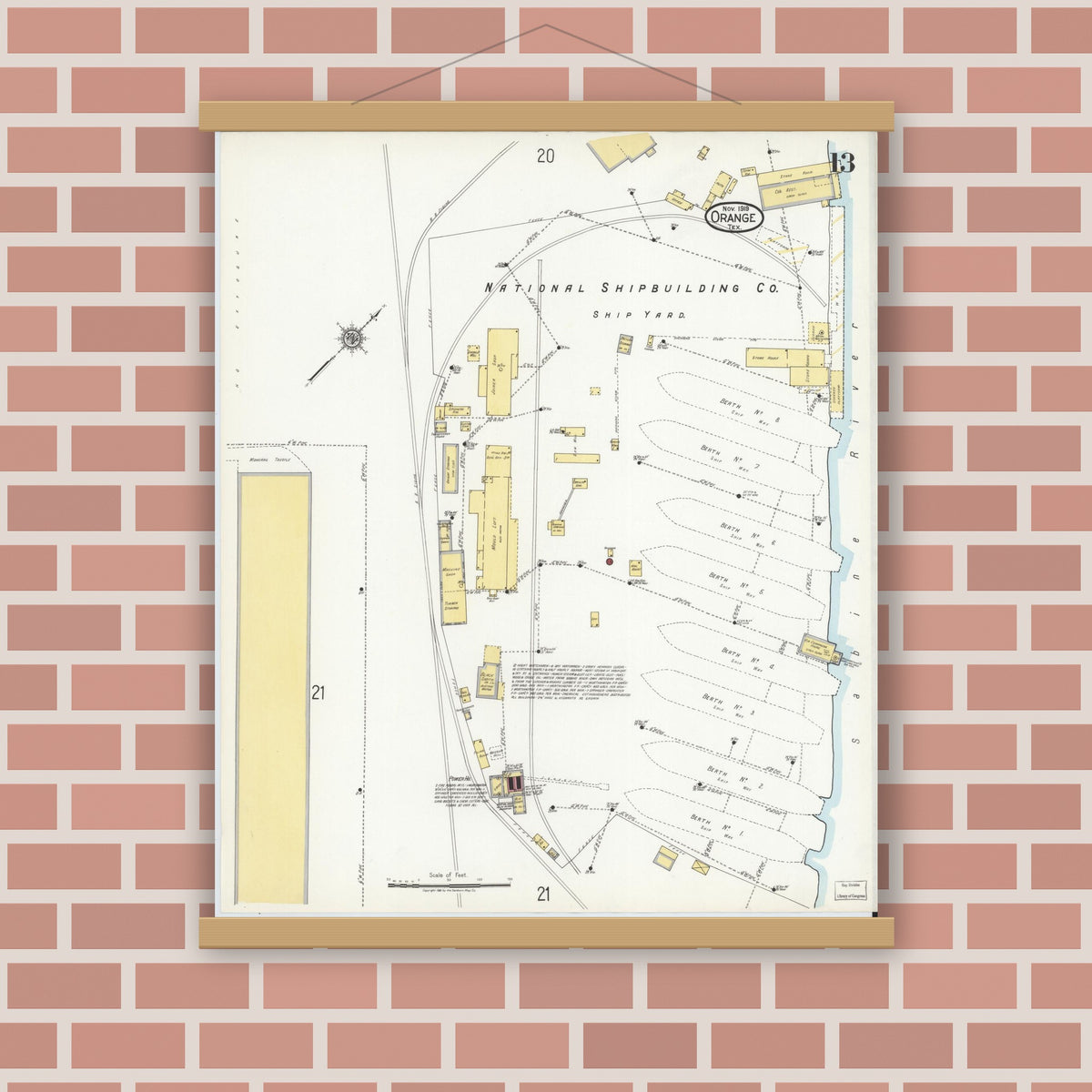 Old map wall art mockup — magnetic wood frame on brick wall — Sanborn Fire Insurance Map from Orange, Orange County, Texas (1919), Sheet #0013