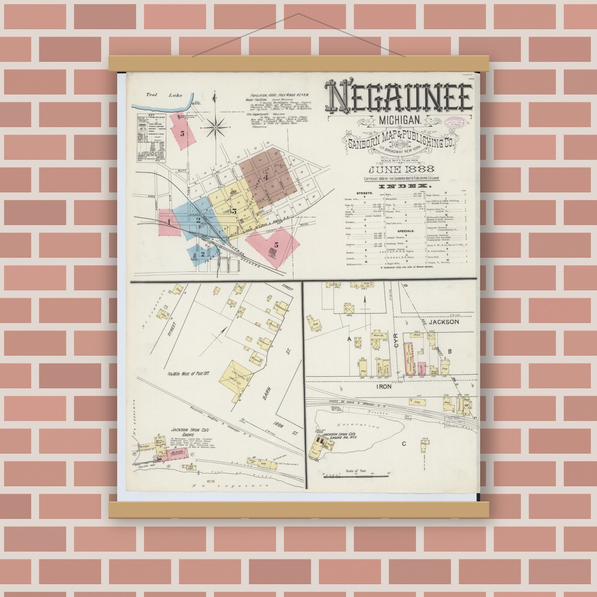 Old map wall art mockup — magnetic wood frame on brick wall — Sanborn Fire Insurance Map from Negaunee, Marquette County, Michigan (1888) - Complete Map Set