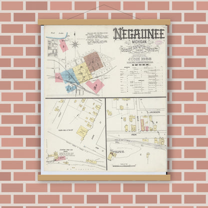 Old map wall art mockup — magnetic wood frame on brick wall — Sanborn Fire Insurance Map from Negaunee, Marquette County, Michigan (1888) - Complete Map Set