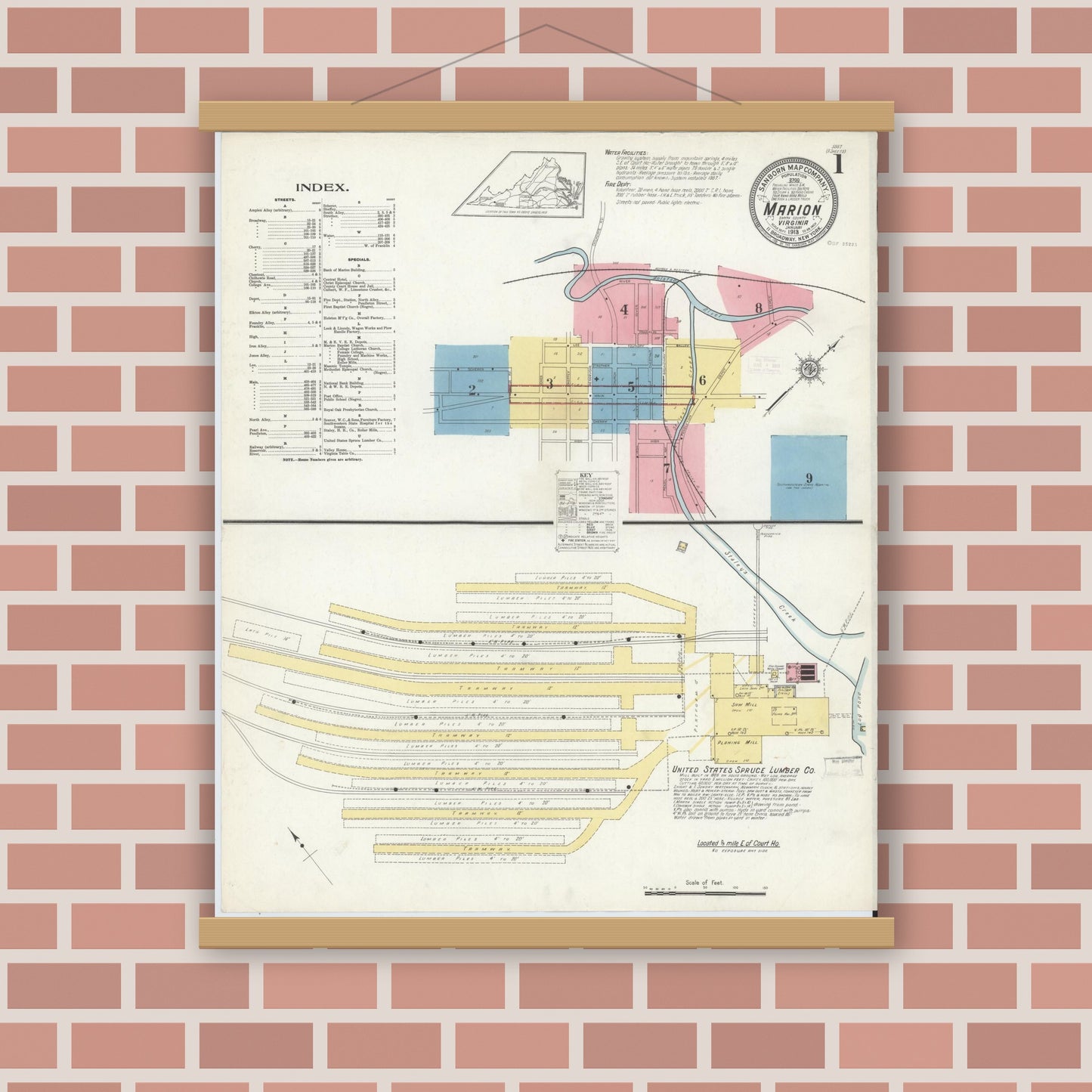Old map wall art mockup — magnetic wood frame on brick wall — Sanborn Fire Insurance Map from Marion, Smyth County, Virginia (1913) - Complete Map Set