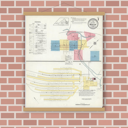 Old map wall art mockup — magnetic wood frame on brick wall — Sanborn Fire Insurance Map from Marion, Smyth County, Virginia (1913) - Complete Map Set