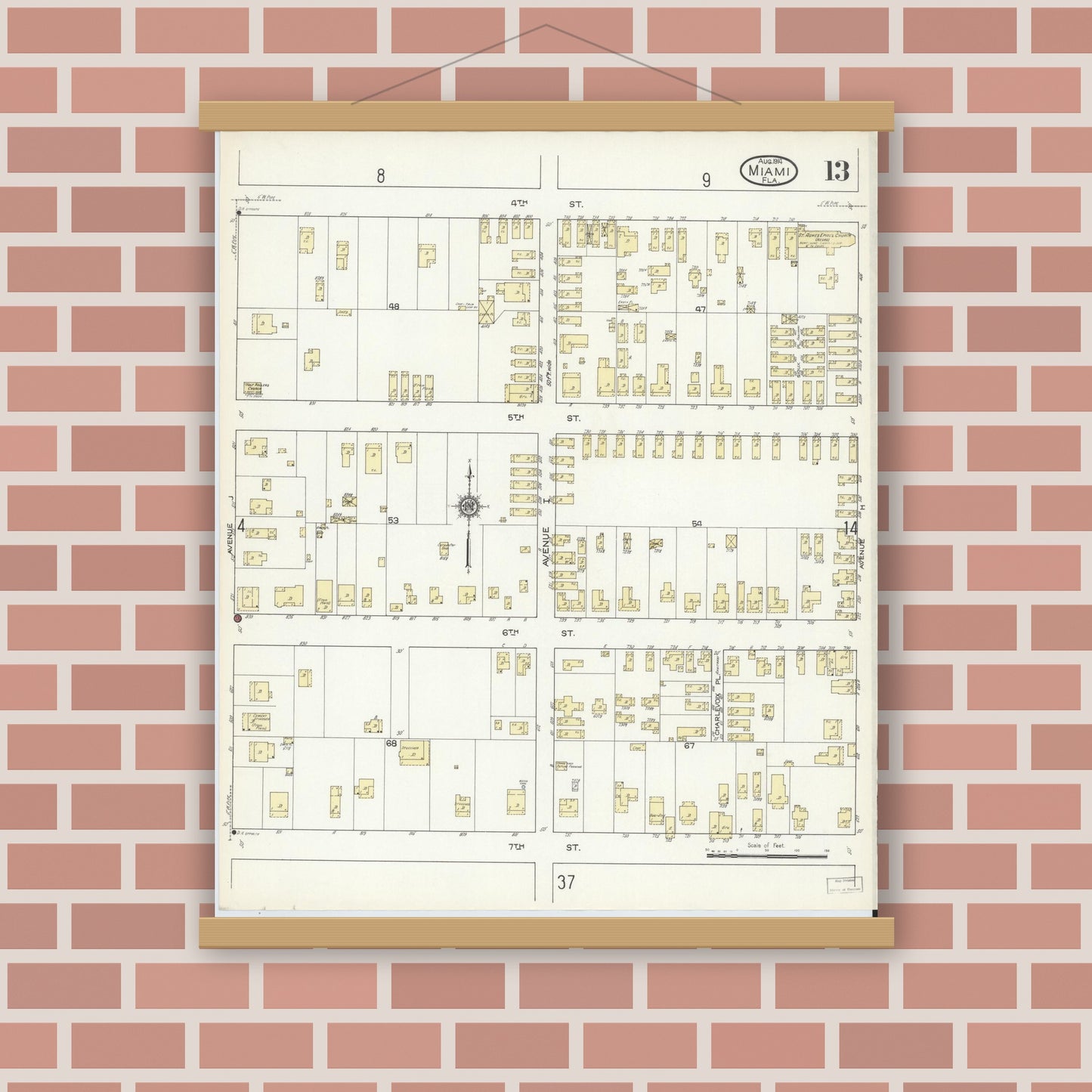 Old map wall art mockup — magnetic wood frame on brick wall — Sanborn Fire Insurance Map from Miami, Dade County, Florida (1914), Sheet #0013