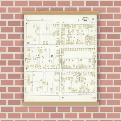 Old map wall art mockup — magnetic wood frame on brick wall — Sanborn Fire Insurance Map from Miami, Dade County, Florida (1914), Sheet #0013