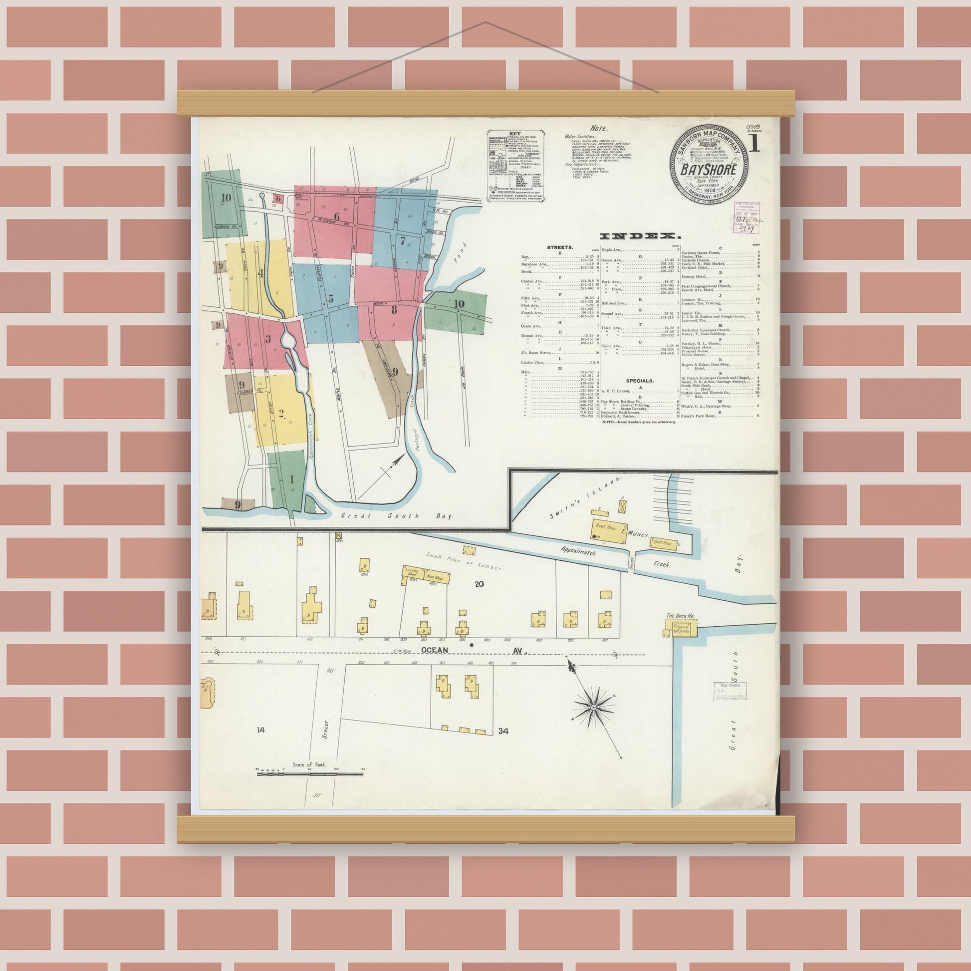 Old map wall art mockup — magnetic wood frame on brick wall — Sanborn Fire Insurance Map from Bay Shore, Suffolk County, New York (1902), Sheet #0001