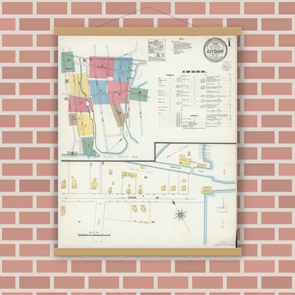 Old map wall art mockup — magnetic wood frame on brick wall — Sanborn Fire Insurance Map from Bay Shore, Suffolk County, New York (1902), Sheet #0001