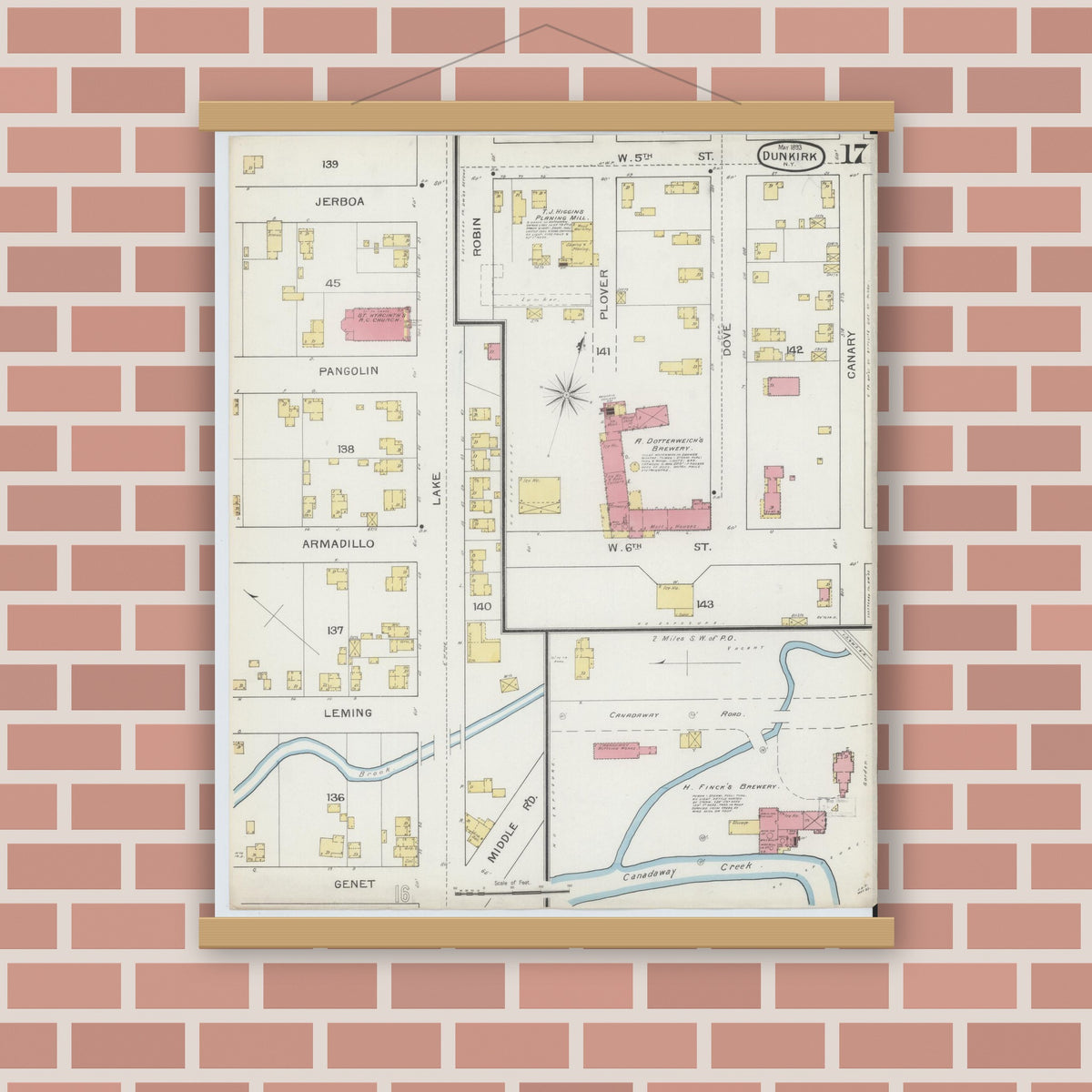 Old map wall art mockup — magnetic wood frame on brick wall — Sanborn Fire Insurance Map from Dunkirk, Chautauqua County, New York (1893), Sheet #0017