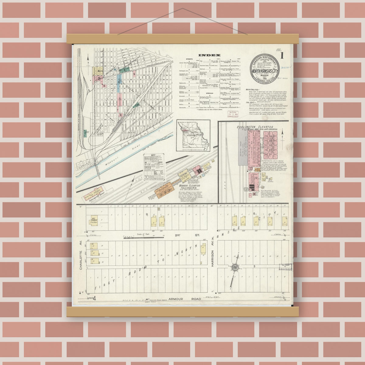Old map wall art mockup — magnetic wood frame on brick wall — Sanborn Fire Insurance Map from North Kansas City, Clay County, Missouri (1914), Sheet #0001