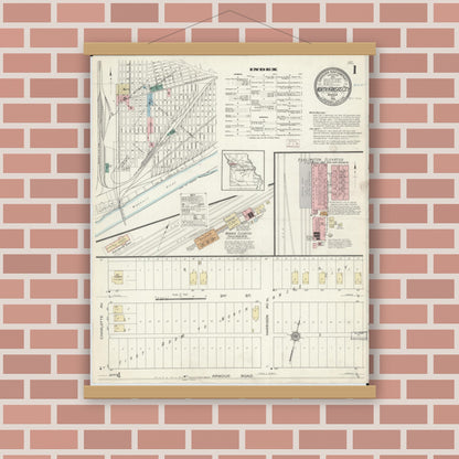 Old map wall art mockup — magnetic wood frame on brick wall — Sanborn Fire Insurance Map from North Kansas City, Clay County, Missouri (1914), Sheet #0001